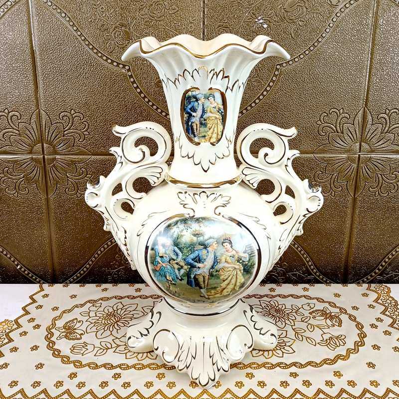 欧式大号花瓶插花陶瓷鎏金石榴玄关客厅摆件双耳花瓶高档奢华别墅