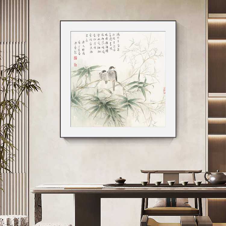 新中式花鸟装饰画客厅沙发玄关餐厅茶室办公室壁画竹林小鸟挂画