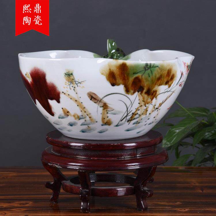 景德镇陶瓷鱼缸手绘窑变荷花陶瓷养鱼碗莲缸 创意桌面装饰品摆件