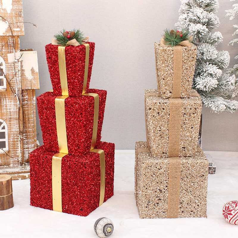 新品亮色毛绒圣诞节装饰礼品盒一体式三件套立式铁艺礼包堆头摆件