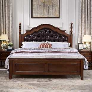 美式乡村实木床真皮软包双人床桃花心木高箱储物主卧家具复古大床