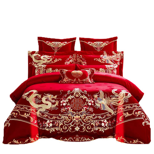 中式婚庆四件套大红色全棉龙凤刺绣喜被套结婚六件套纯棉床上用品