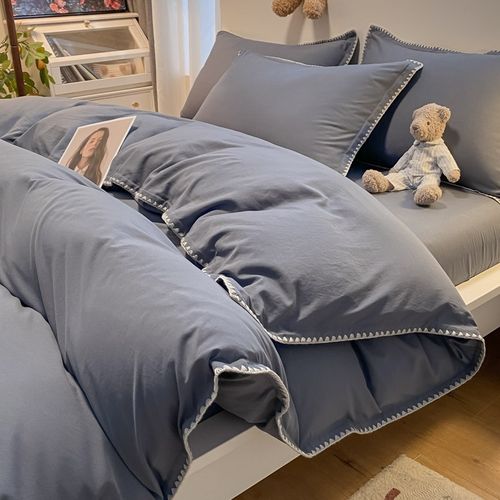 轻奢四件套水洗棉裸睡亲肤轻奢风纯色包边被套简约宿舍床单三件套