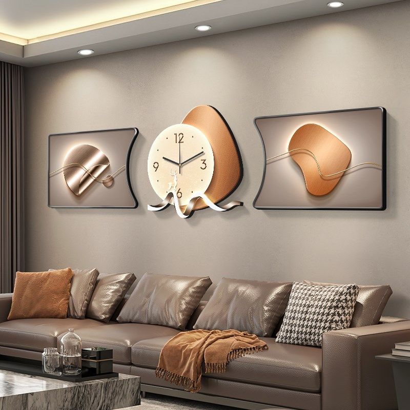 石来运转客厅钟表挂墙装饰画现代轻奢高级感沙发背景墙挂画三联画