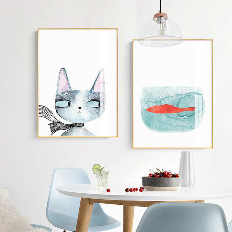 猫和鱼 简约餐厅装饰画北欧猫咪小清新饭厅餐桌挂画现代墙面壁画