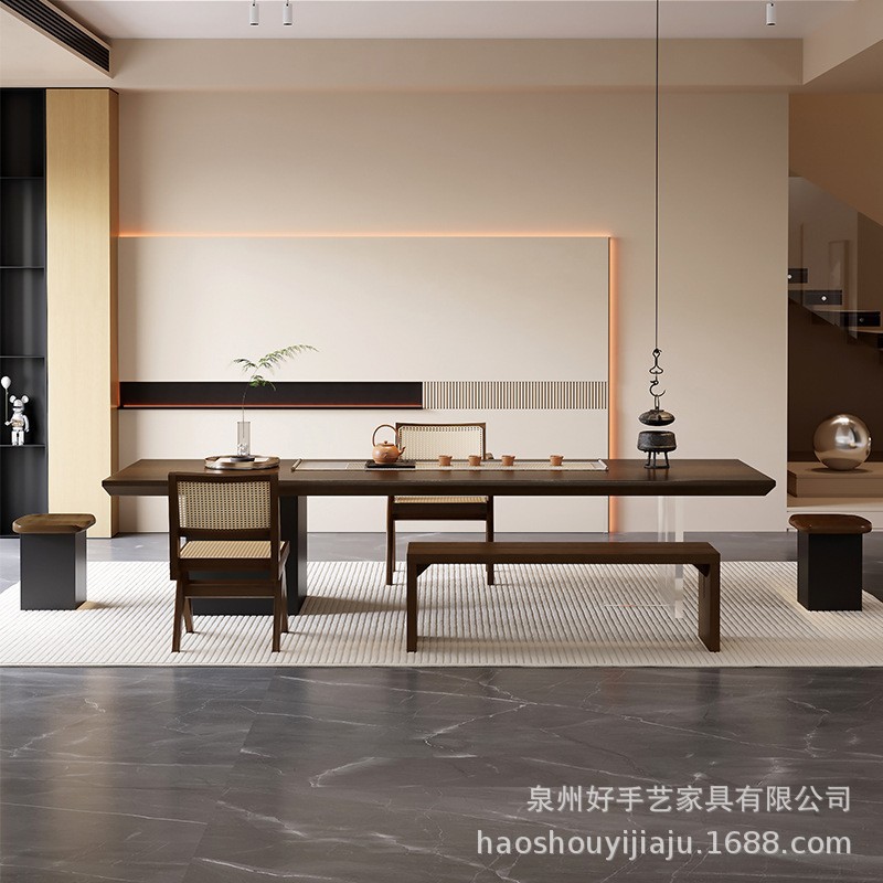 简约现代侘寂风泡茶桌子实木茶桌椅组合大板桌办公室新中式茶台桌