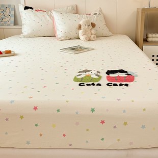 卡通毛巾绣纯棉床笠单件100全棉儿童女孩床单罩床垫保护罩三件套