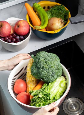 双层洗菜盆沥水篮六件套厨房客厅家用洗水果盘简约塑料淘菜菜篮子