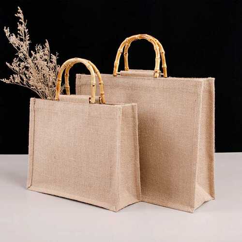 Portable Burlap Jute Shopping Bag Handbag Bamboo Loop