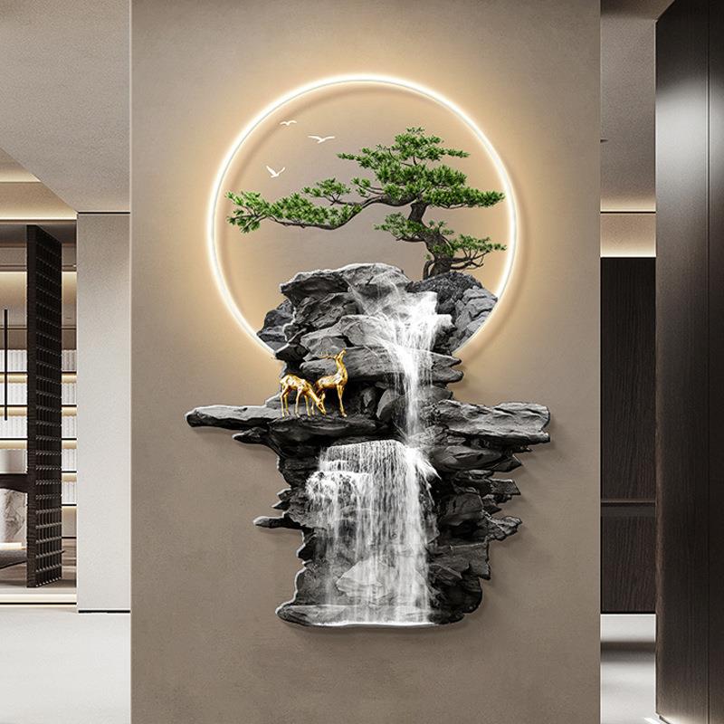 流水生财玄关装饰画带灯新中式麋鹿走廊过道挂件画迎客松发光壁饰