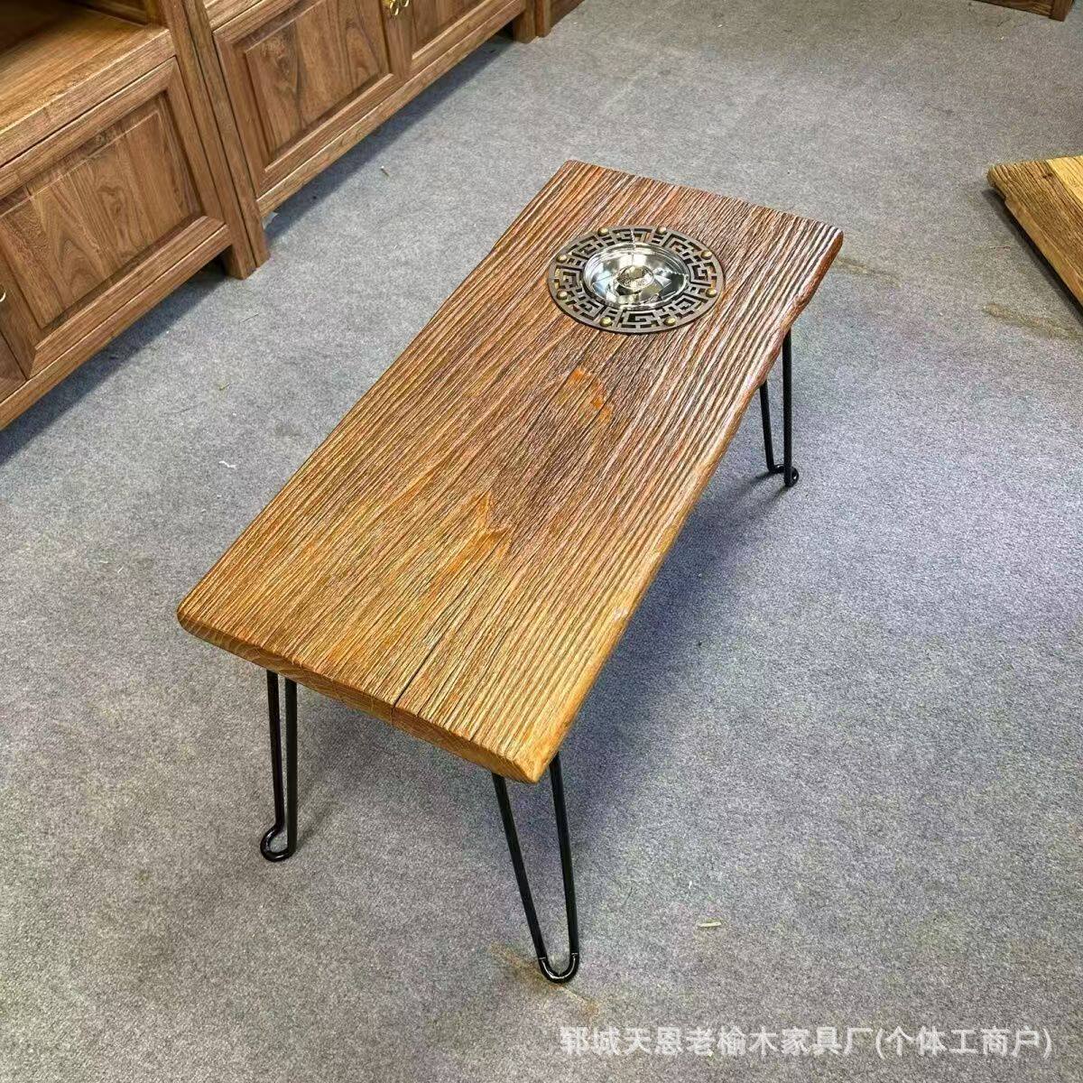 中式老榆木铁艺茶桌围炉冰茶桌长方形喝茶桌夏季可折叠休闲桌茶几