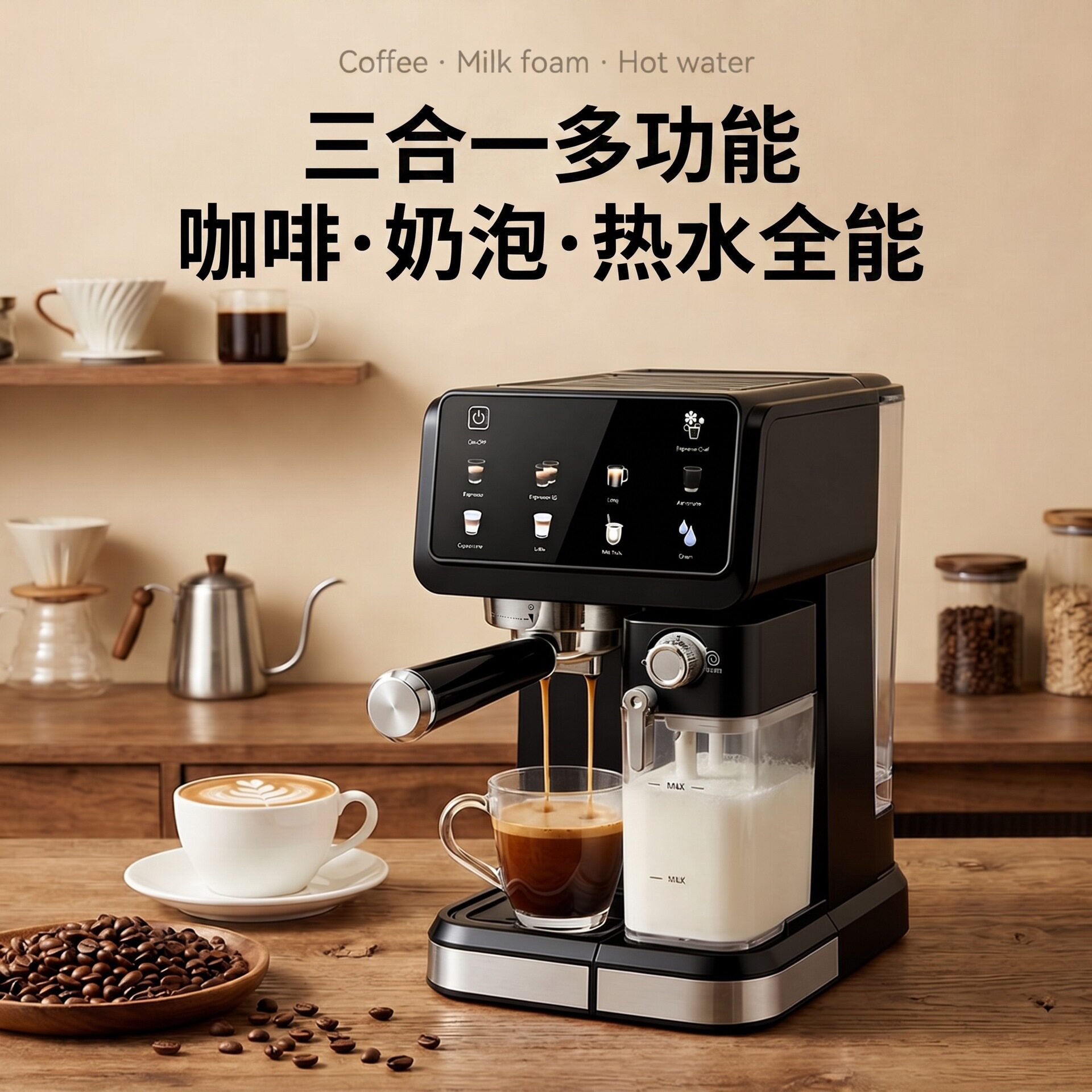 意式咖啡机半自动高压萃取自动打奶泡智能彩屏一体跨境现货代发