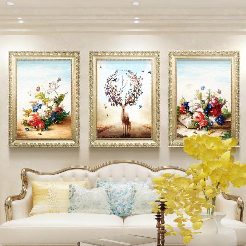 赐禄欧式沙发背景墙装饰画客厅三联挂画动物麋鹿花卉壁画简欧油画