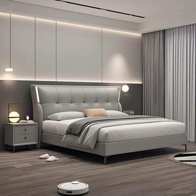 现代简约皮床主卧双人床小户型齐边软体床带夜灯储物床软靠皮床