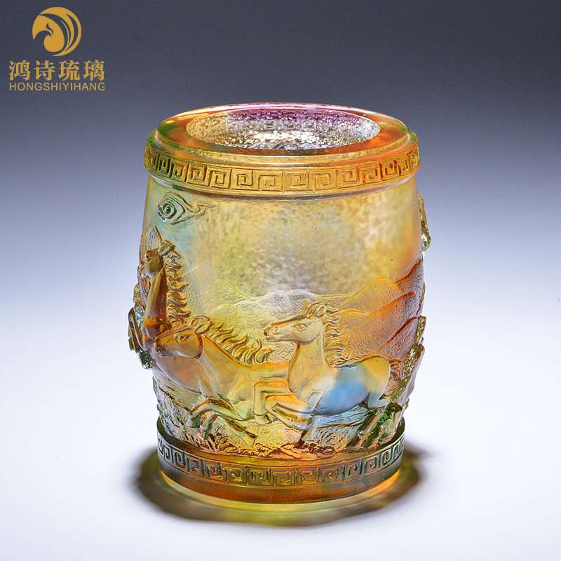 复古中式中国风马到成功琉璃工艺品笔筒创意时尚办公室老板桌摆件
