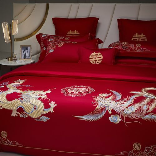 高档龙凤新婚庆四件套100S长绒棉大红色纯棉全棉结婚喜被床上用品