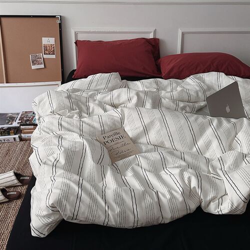 纽约浅梦极简条纹床单纯棉四件套全棉被套床单1.8m床笠被罩三件套