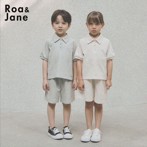 韩国RoanJane男女童夏季Polo领针织短袖休闲裤两件套洋气百搭套装