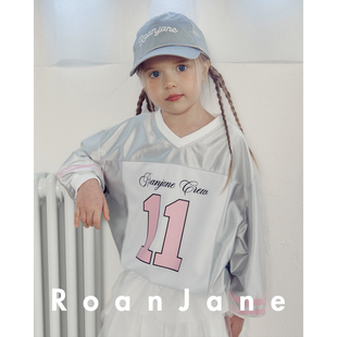 韩国RoanJane童装儿童长袖T恤男女童美式印花oversize宽松V领上衣