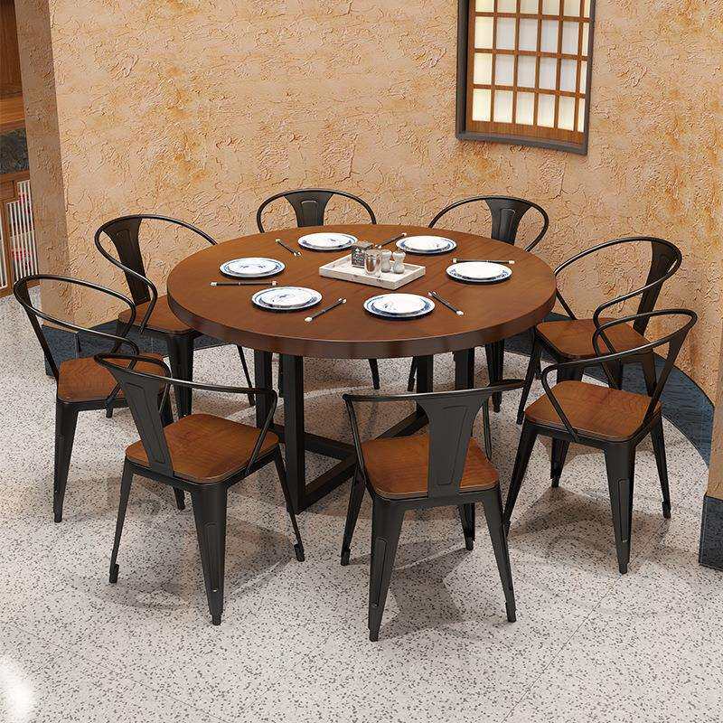 复古餐厅实木圆桌现代简约多人吃饭圆形桌子火锅店包厢餐桌椅组合