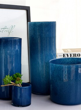 美式简约高档蓝灰色玻璃花瓶室内家居桌面装饰民宿水培花器F4-1-2