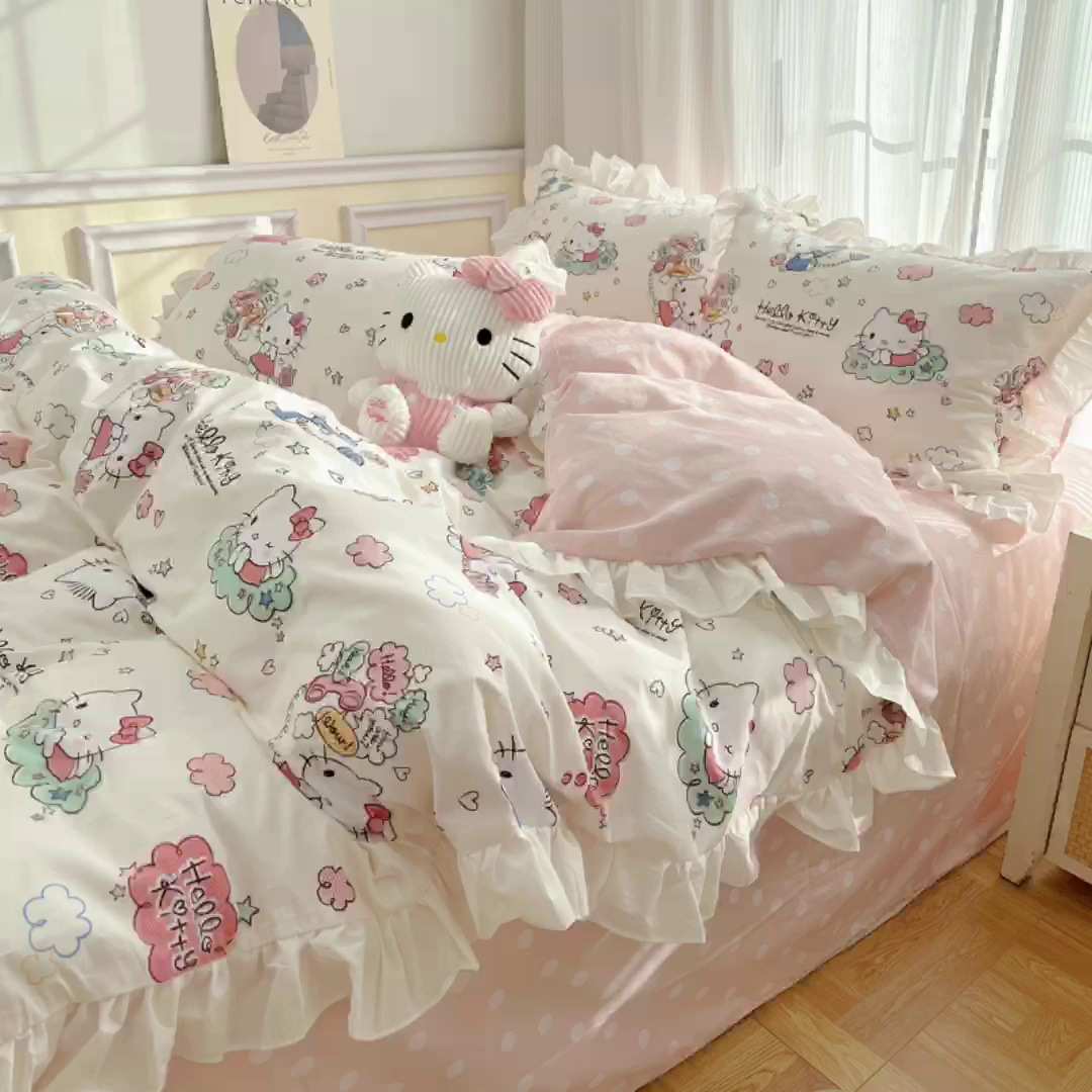 甜心少女花边kt猫卡通亲肤全棉四件套清新四季纯棉床品宿舍棉床单