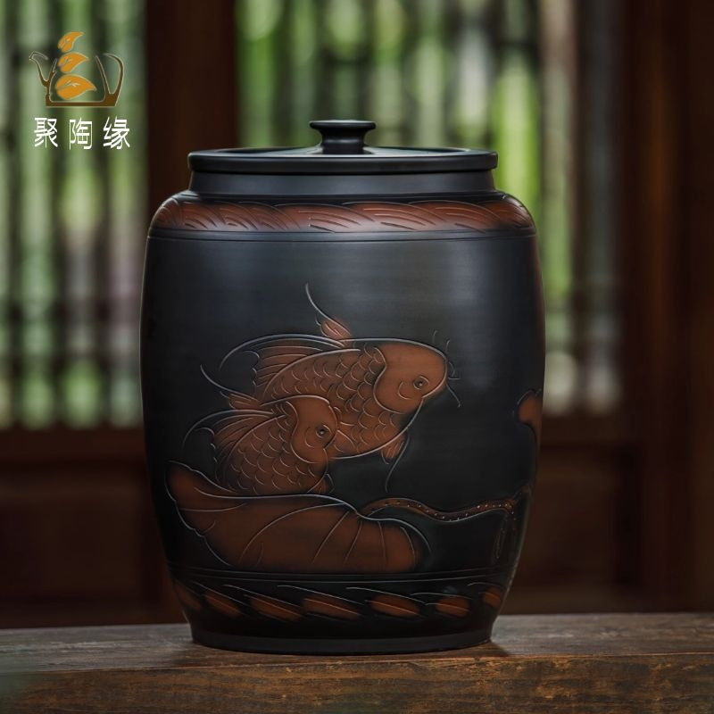 水罐陶瓷水缸家用储水用厨房纯净水桶茶道茶台泡茶老式陶罐抽水款