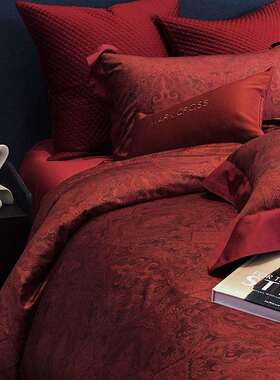 V45O100支长绒棉印花四件套红色新婚房结婚庆床单被套床品绗缝其