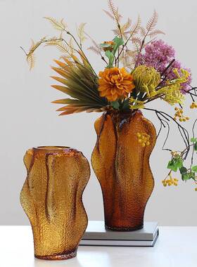 创意简约高级棕灰色大口手工玻璃水培花瓶家居软装台面餐桌摆件