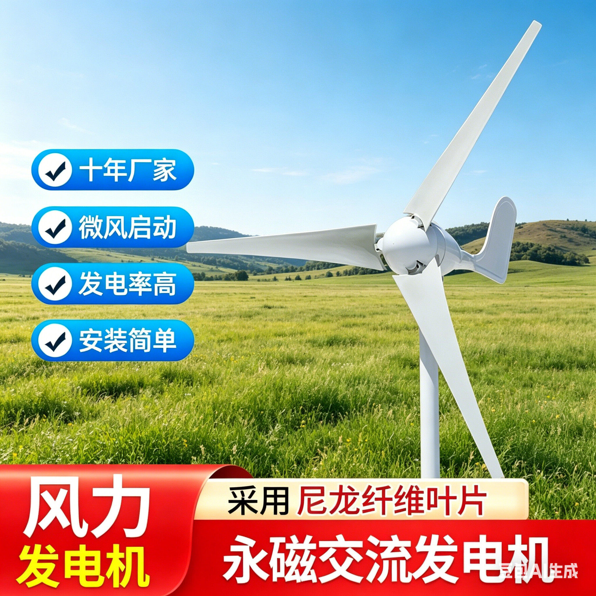 厂家供应水平轴300w风力发电机小型风光互补路灯景观风机12V/24V