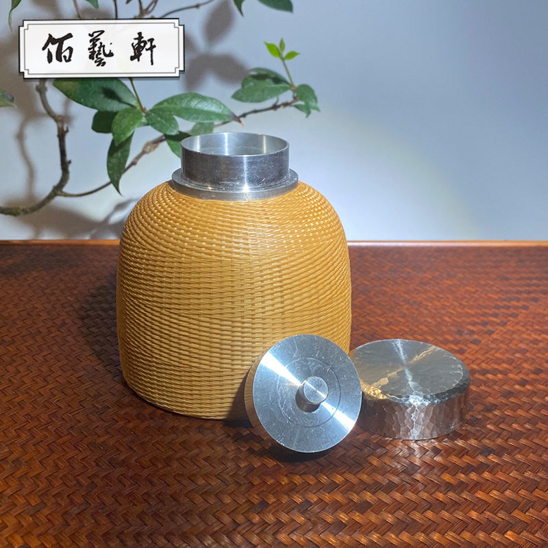 佰艺轩东阳非遗竹编竹丝扣瓷工艺品茶叶罐厂家直销