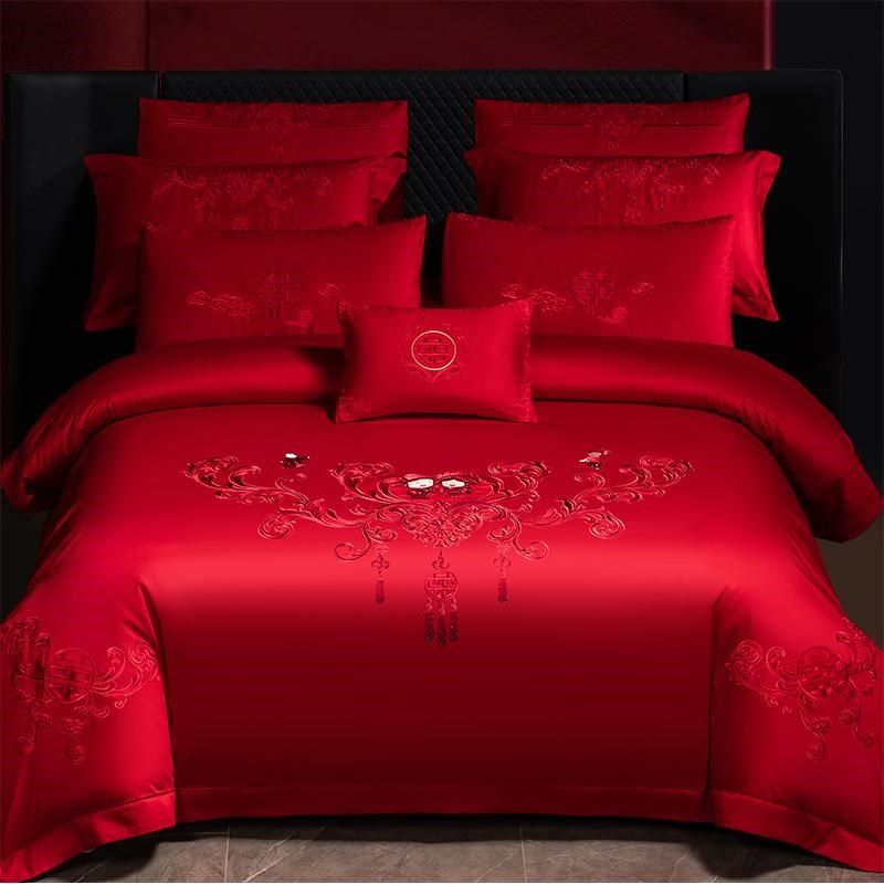 高端长绒棉婚庆四件套大红纯棉全棉磨毛喜被龙凤刺绣结婚床上用品