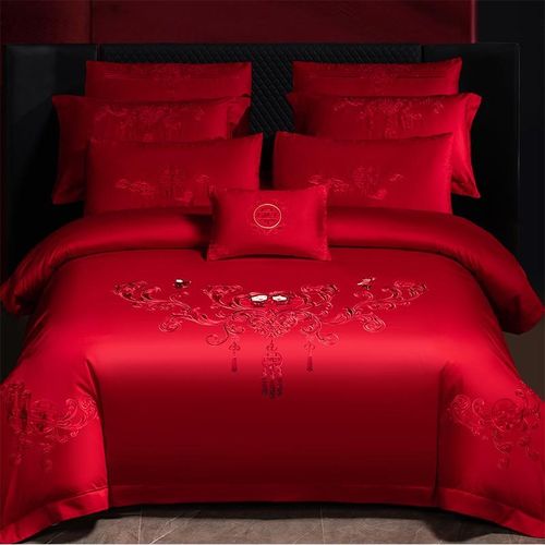 高端长绒棉婚庆四件套大红纯棉全棉磨毛喜被龙凤刺绣结婚床上用品
