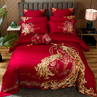 高端刺绣婚庆四件套100支长绒棉大红色全棉中式 结婚纯棉床上用品4