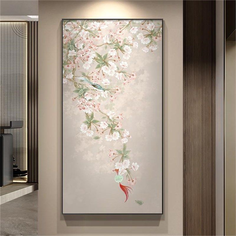 鹊上枝头入户玄关装饰画竖版新中式禅意走廊过道挂画花鸟茶室壁画,家居饰品,现代装饰画,淘宝优惠券,粉丝福利购,淘宝优惠卷