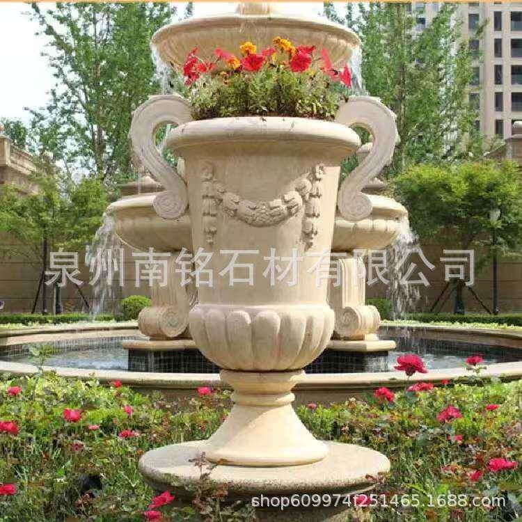 石雕花盆欧式花纹雕刻黄锈石黄金麻花钵酒店寺庙摆放石器花盆