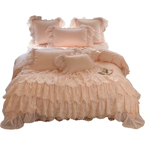 公主风长绒棉四件套法式蕾丝刺绣花边被套全棉1.8m床上用品白粉色