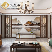 新中式 电视背景墙实木花格护板线条边框造型瓷砖影视墙水墨山水墙