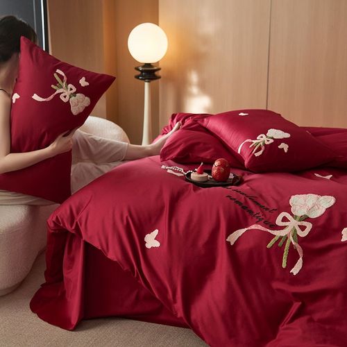 浪漫婚庆红全棉磨毛贡缎四件套郁金香毛巾绣纯棉被套床单床上用品