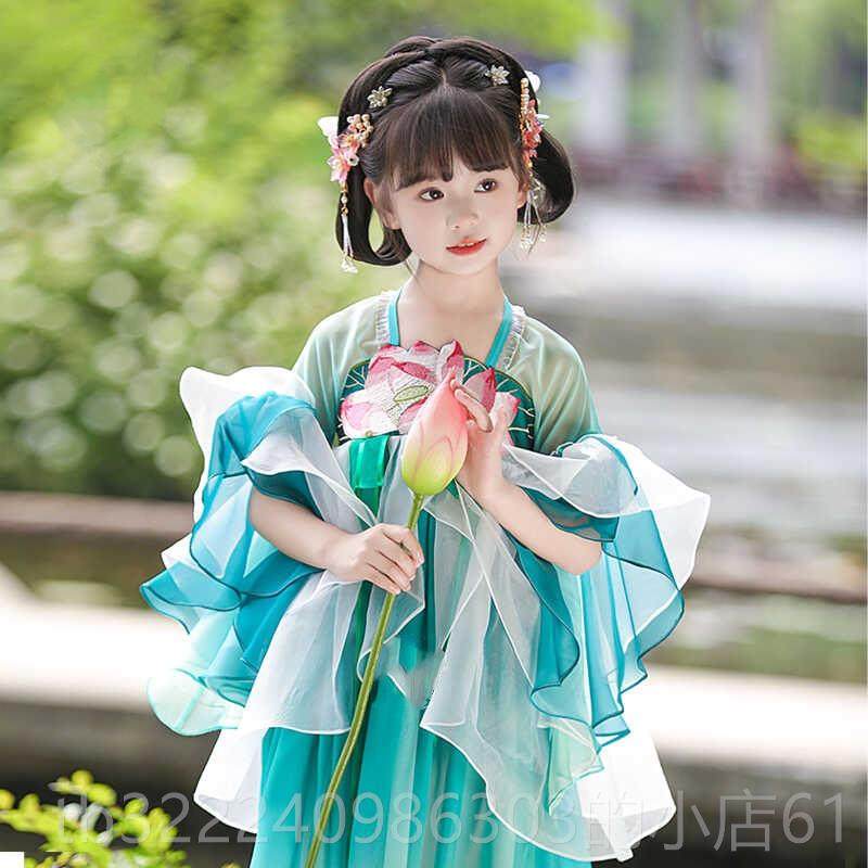 正品汉服童童新款儿洋装公主表演裙服古装仙女绝女美绿色舞台演出