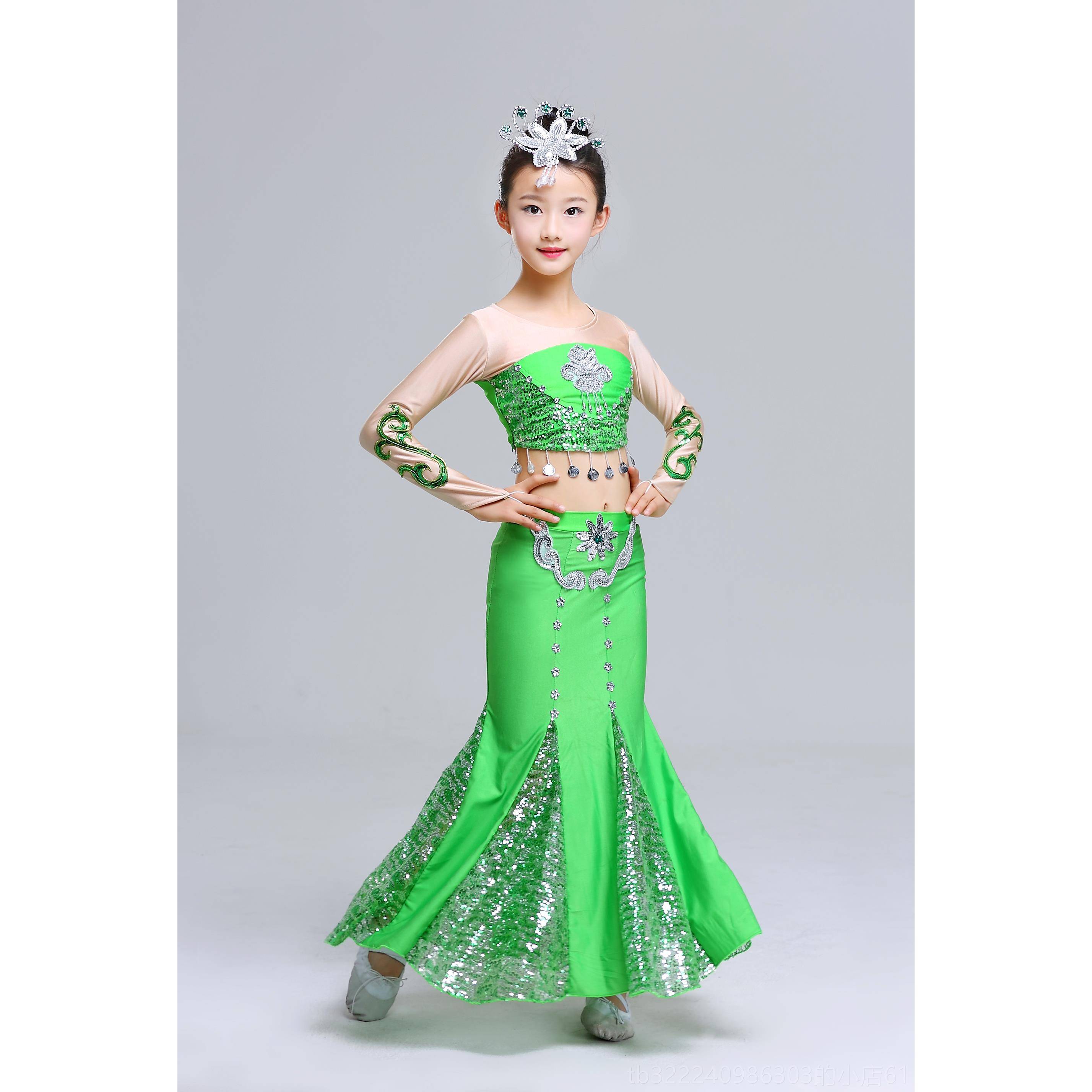 正品原创童傣族舞蹈服孔儿雀舞滇南映少女童族傣族鱼尾裙民演出服