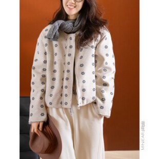 小耳出品韩系花苞服/细毛呢/碎花印花/带围巾/毛绒内里 圆领外套