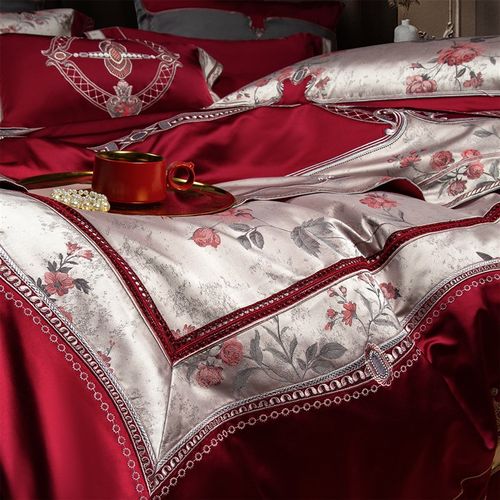 高档新中式别墅真丝棉婚庆四件套送礼结婚酒红色刺绣花卉床上用品
