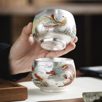 周鸿杰大师手工制作龙凤鎏银杯茶对杯高档礼品生日送长辈父母朋友
