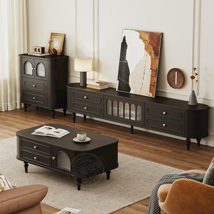 实木电视柜茶几组合中古风家具客厅家用2025新款地柜法式电视机柜