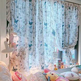 翩翩起舞蝴蝶印花卧室家用半帘短帘小窗帘奶油风屏风卫生间隔断帘