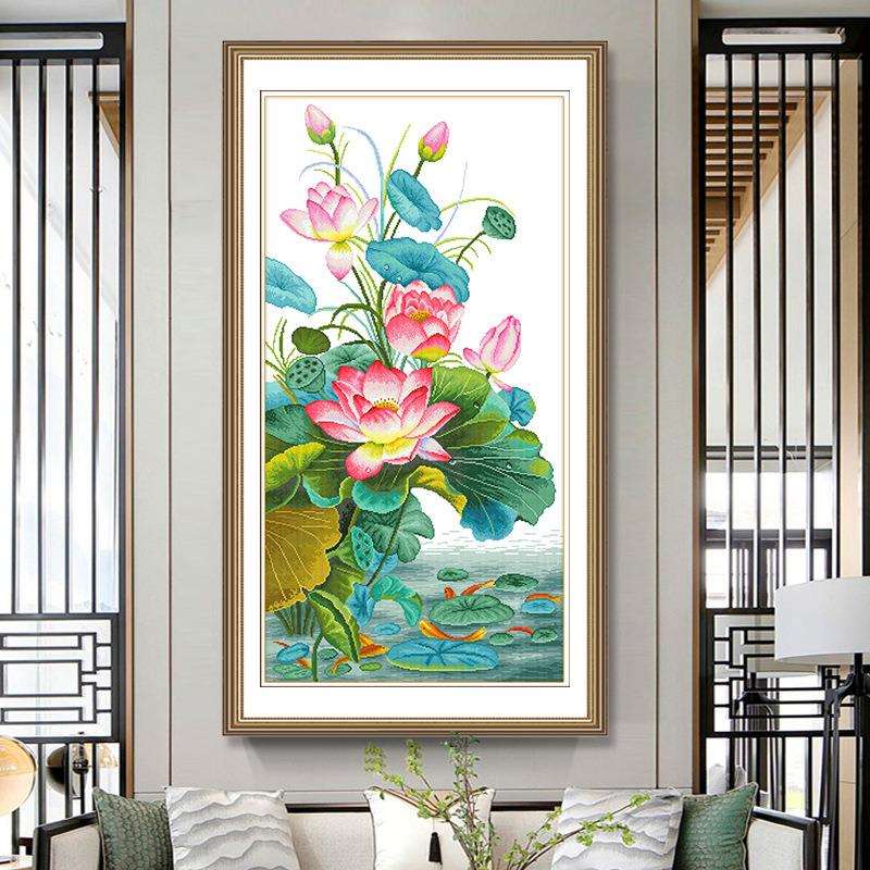 十字绣2023新款中式玄关挂画荷花图清新刺绣线绣自己绣非成品