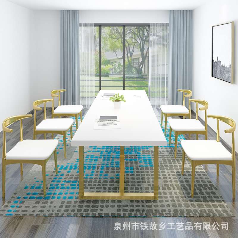 北欧轻奢风实木办公桌子 铁艺白色家用长条桌椅组合公司会议桌椅