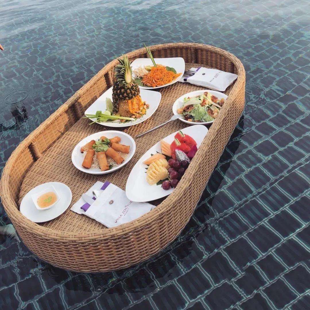 户外泳池飘盘温泉早餐水果饮料漂浮托盘酒店民宿网红水上藤编篮子