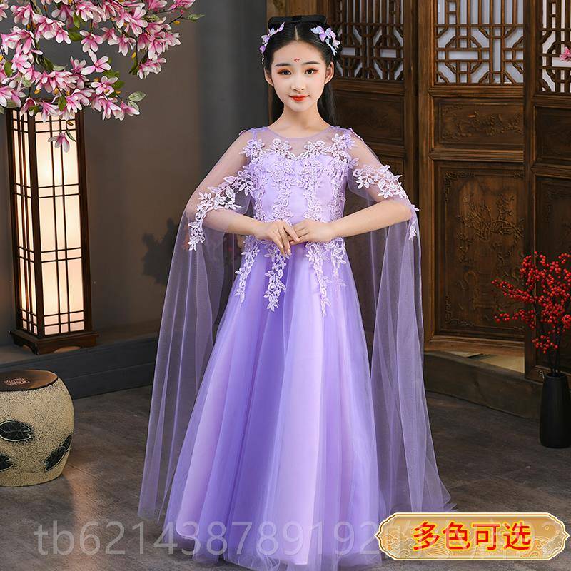 高档赛古筝演出演服女童主持人礼服钢琴朗诵比服儿童奏裙表演服公